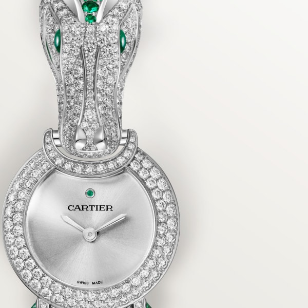 Reloj joya con animales  23,6 mm, movimiento de cuarzo, oro blanco, esmeraldas, diamantes
